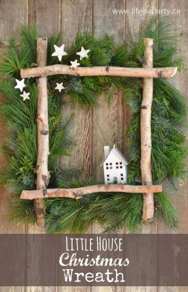Rustic Christmas Wreath with Tiny House and Stars