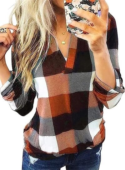 Womens Basic Casual V Neck Plaid Print Cotton Cuffed Long Sleeve Work Tops Blouses Shirts