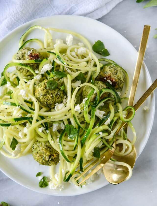 Zucchini Noodles With Mini Chicken Feta And Spinach Meatballs